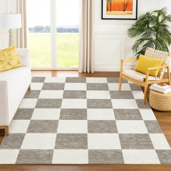 Taupe And Ivory Geometric Washable Indoor Outdoor Area Rug Photo 8