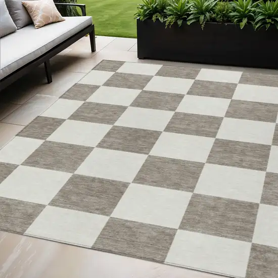 Taupe And Ivory Geometric Washable Indoor Outdoor Area Rug Photo 1