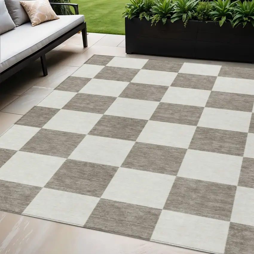 Taupe And Ivory Geometric Washable Indoor Outdoor Area Rug Photo 1