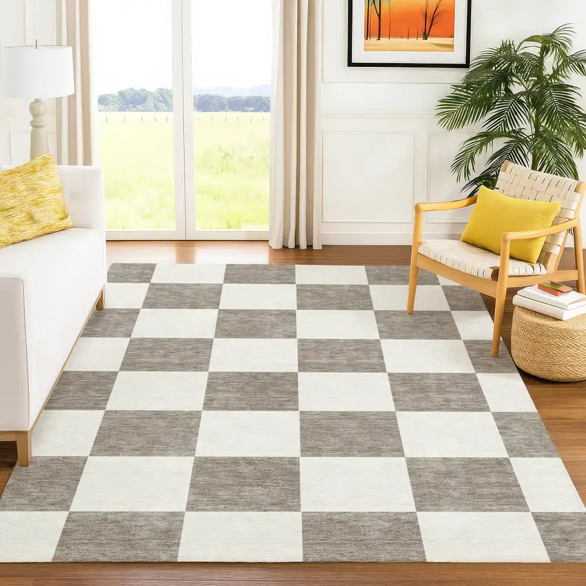 Taupe And Ivory Geometric Washable Indoor Outdoor Area Rug Photo 9