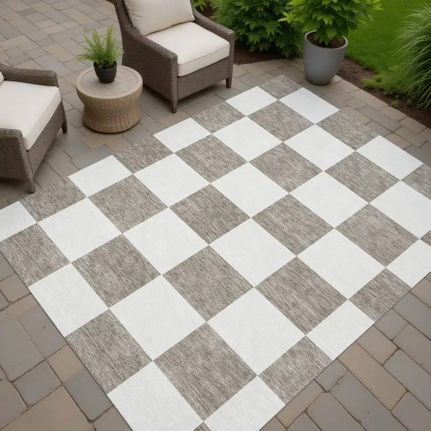 Taupe And Ivory Geometric Washable Indoor Outdoor Area Rug Photo 6