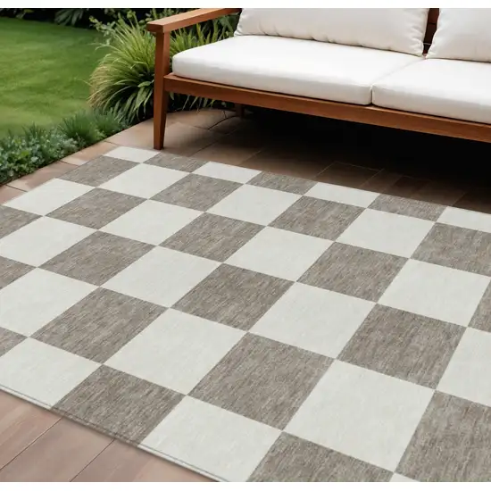Taupe And Ivory Geometric Washable Indoor Outdoor Area Rug Photo 1