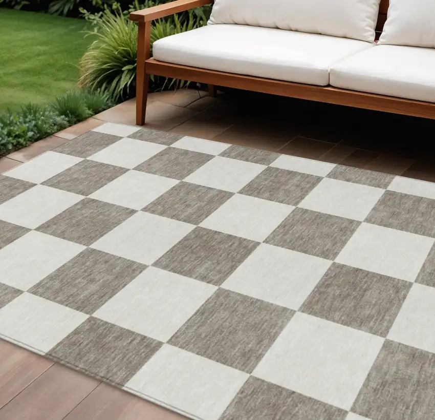 Taupe And Ivory Geometric Washable Indoor Outdoor Area Rug Photo 1