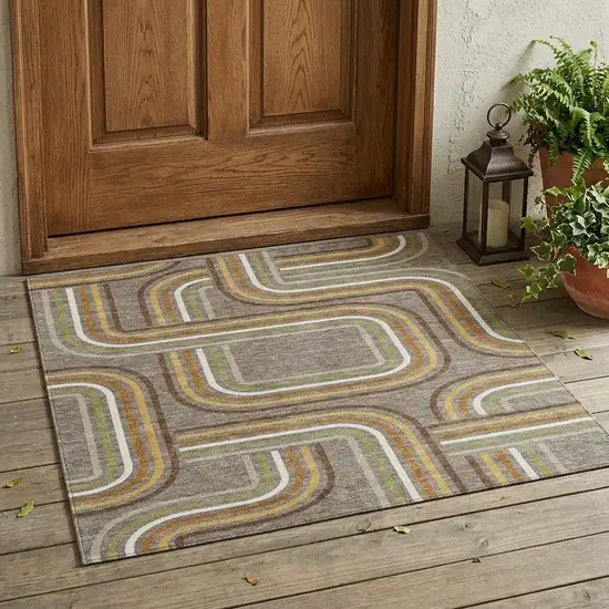 Taupe And Ivory Geometric Washable Indoor Outdoor Area Rug Photo 1