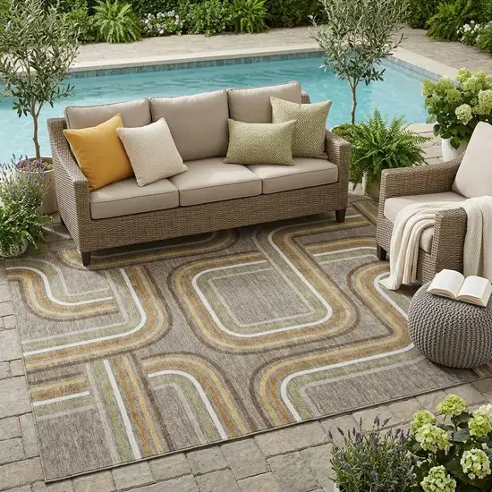 Taupe And Ivory Geometric Washable Indoor Outdoor Area Rug Photo 1