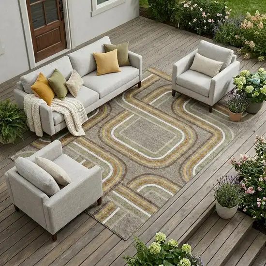 Taupe And Ivory Geometric Washable Indoor Outdoor Area Rug Photo 1