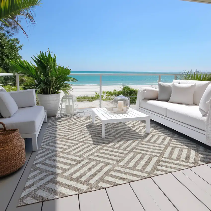 Taupe And Ivory Geometric Washable Indoor Outdoor Area Rug Photo 8