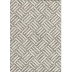 Photo of Taupe And Ivory Geometric Washable Indoor Outdoor Area Rug