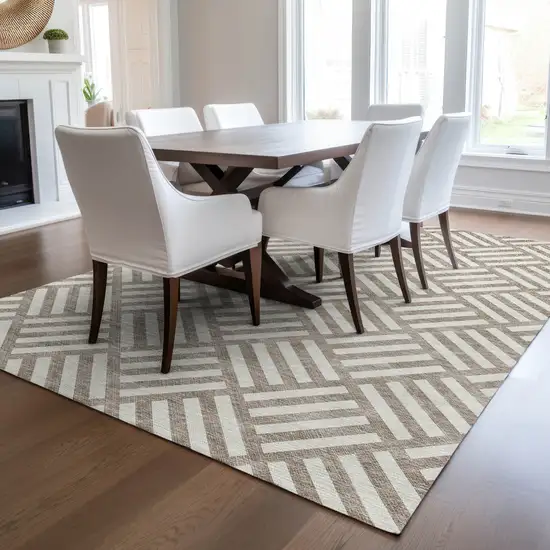 Taupe And Ivory Geometric Washable Indoor Outdoor Area Rug Photo 9