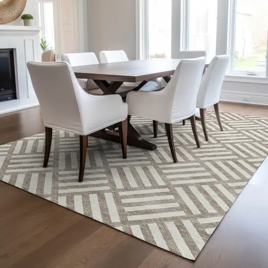 Taupe And Ivory Geometric Washable Indoor Outdoor Area Rug Photo 9