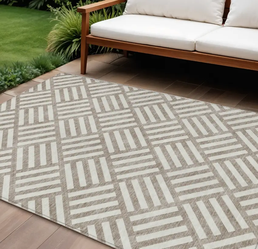 Taupe And Ivory Geometric Washable Indoor Outdoor Area Rug Photo 1