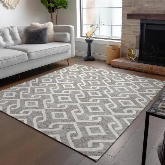 Taupe And Ivory Geometric Washable Indoor Outdoor Area Rug Photo 9