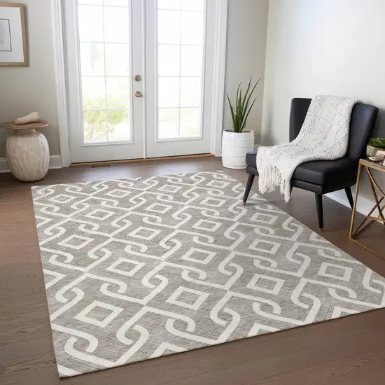 Taupe And Ivory Geometric Washable Indoor Outdoor Area Rug Photo 6