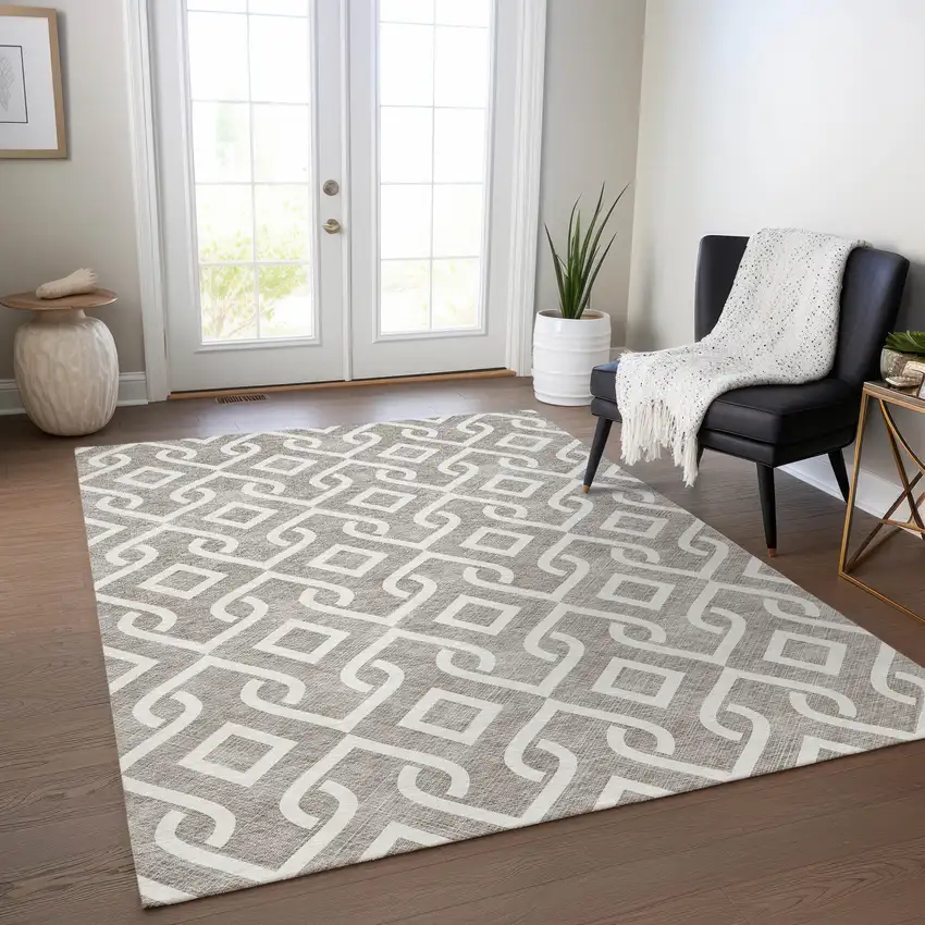 Taupe And Ivory Geometric Washable Indoor Outdoor Area Rug Photo 6