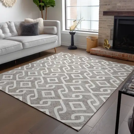 Taupe And Ivory Geometric Washable Indoor Outdoor Area Rug Photo 7