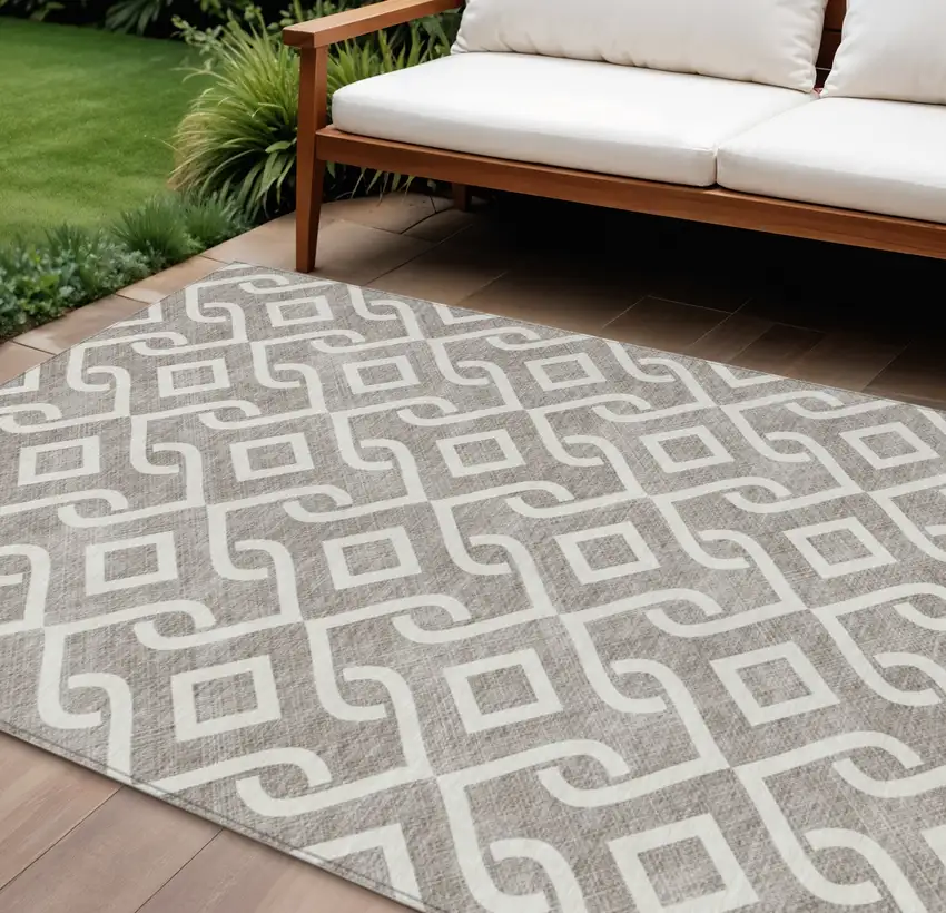 Taupe And Ivory Geometric Washable Indoor Outdoor Area Rug Photo 1