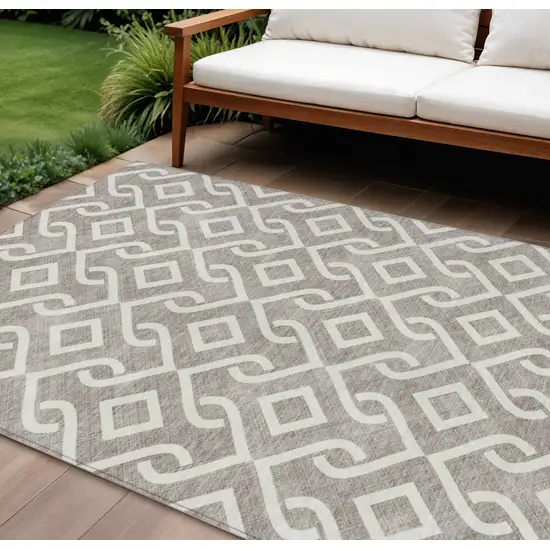 Taupe And Ivory Geometric Washable Indoor Outdoor Area Rug Photo 1