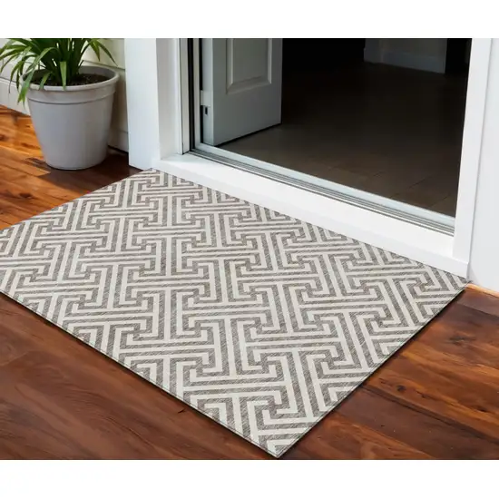 Taupe And Ivory Geometric Washable Indoor Outdoor Area Rug Photo 1