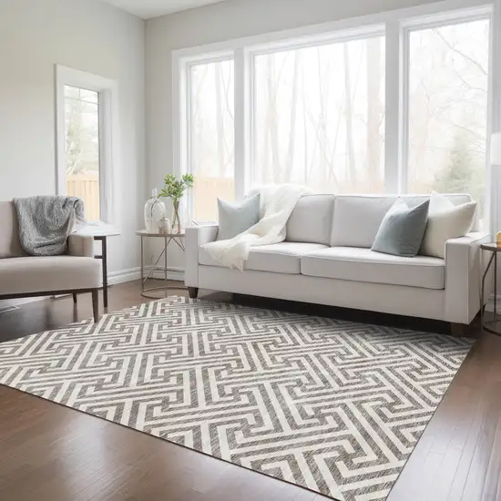Taupe And Ivory Geometric Washable Indoor Outdoor Area Rug Photo 9
