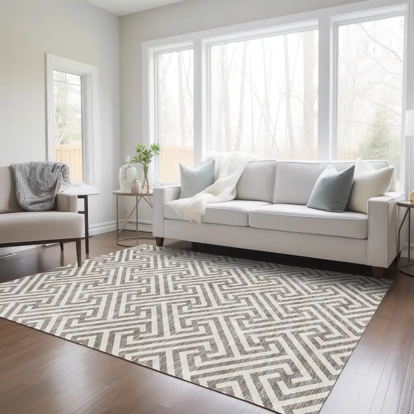 Taupe And Ivory Geometric Washable Indoor Outdoor Area Rug Photo 9