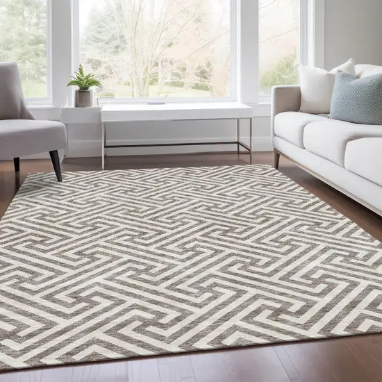 Taupe And Ivory Geometric Washable Indoor Outdoor Area Rug Photo 8
