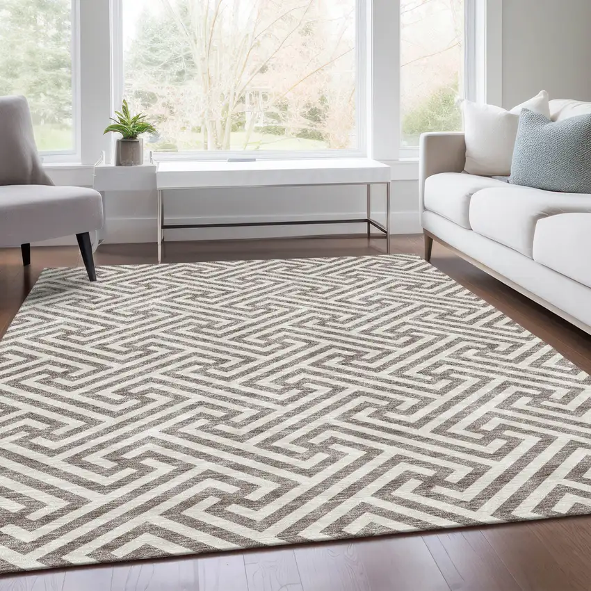 Taupe And Ivory Geometric Washable Indoor Outdoor Area Rug Photo 8