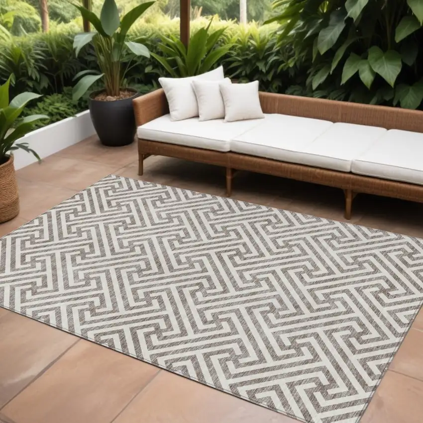 Taupe And Ivory Geometric Washable Indoor Outdoor Area Rug Photo 1