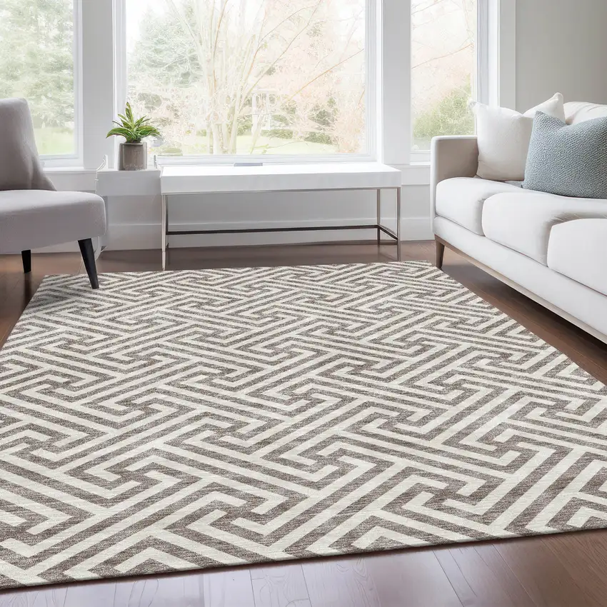 Taupe And Ivory Geometric Washable Indoor Outdoor Area Rug Photo 9