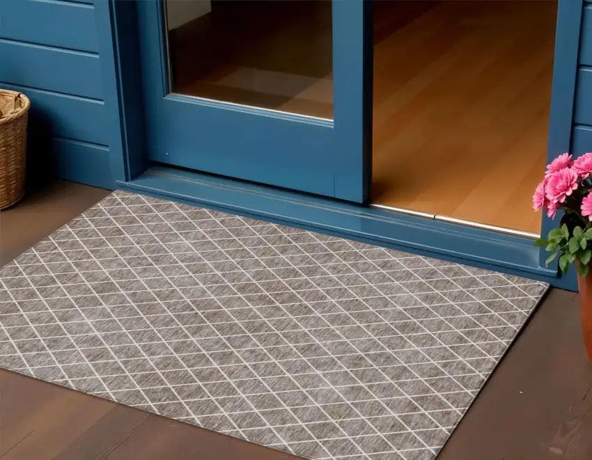 Taupe And Ivory Geometric Washable Indoor Outdoor Area Rug Photo 1
