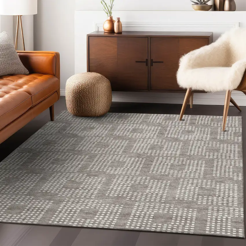 Taupe And Ivory Geometric Washable Indoor Outdoor Area Rug Photo 9
