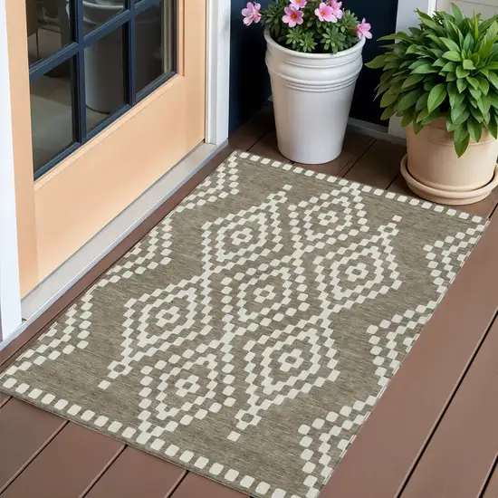Taupe And Ivory Geometric Washable Indoor Outdoor Area Rug Photo 1