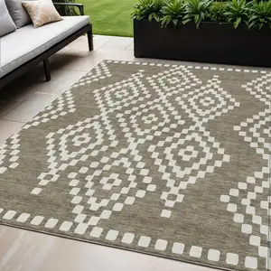 Photo of Taupe And Ivory Geometric Washable Indoor Outdoor Area Rug