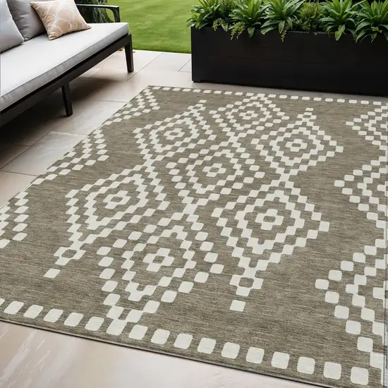 Taupe And Ivory Geometric Washable Indoor Outdoor Area Rug Photo 1