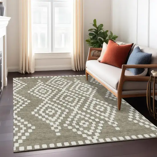 Taupe And Ivory Geometric Washable Indoor Outdoor Area Rug Photo 9