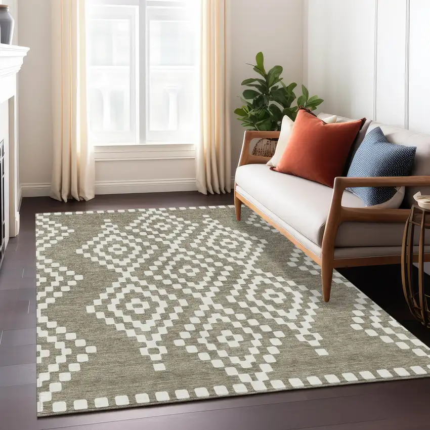 Taupe And Ivory Geometric Washable Indoor Outdoor Area Rug Photo 9