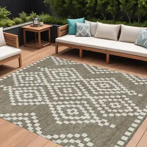 Photo of Taupe And Ivory Geometric Washable Indoor Outdoor Area Rug