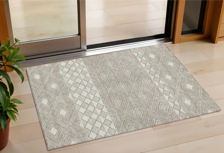 Taupe And Ivory Geometric Washable Indoor Outdoor Area Rug Photo 1