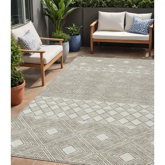 Taupe And Ivory Geometric Washable Indoor Outdoor Area Rug Photo 1