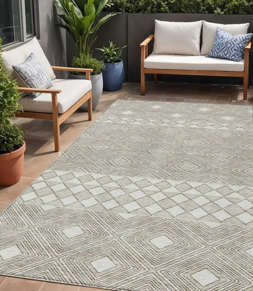 Taupe And Ivory Geometric Washable Indoor Outdoor Area Rug Photo 1