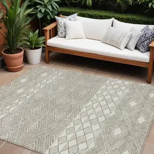 Photo of Taupe And Ivory Geometric Washable Indoor Outdoor Area Rug
