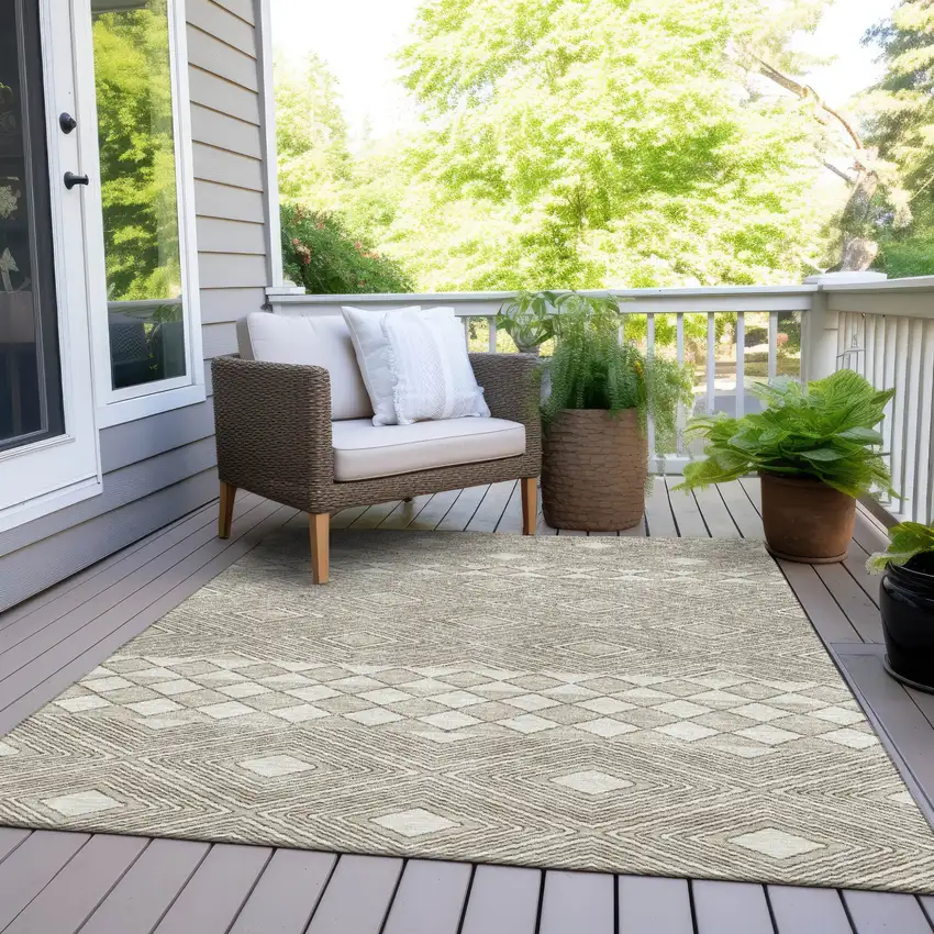 Taupe And Ivory Geometric Washable Indoor Outdoor Area Rug Photo 8