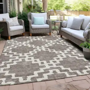 Photo of Taupe And Ivory Geometric Washable Indoor Outdoor Area Rug