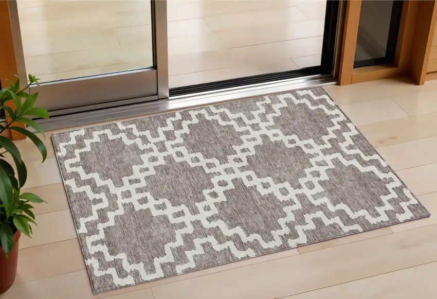 Taupe And Ivory Geometric Washable Indoor Outdoor Area Rug Photo 1