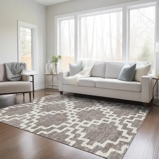 Taupe And Ivory Geometric Washable Indoor Outdoor Area Rug Photo 9