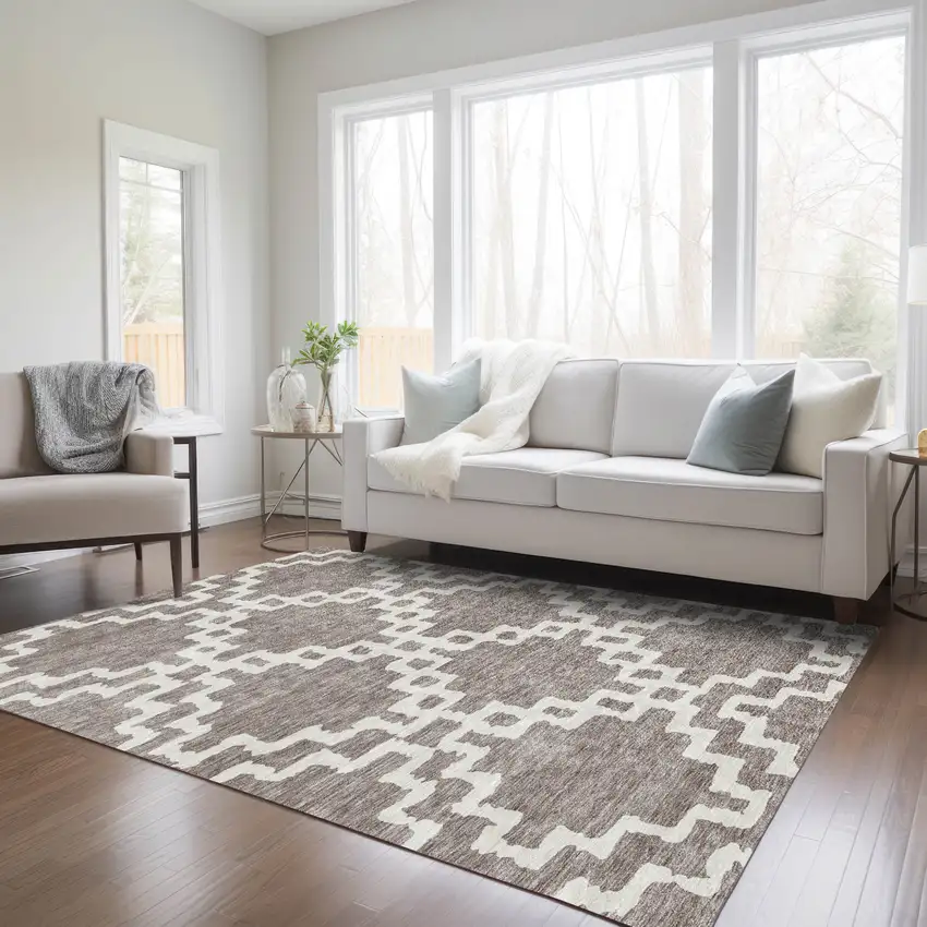 Taupe And Ivory Geometric Washable Indoor Outdoor Area Rug Photo 9