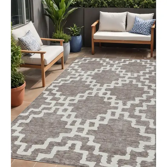 Taupe And Ivory Geometric Washable Indoor Outdoor Area Rug Photo 1