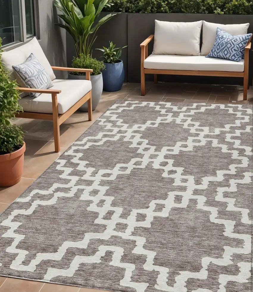 Taupe And Ivory Geometric Washable Indoor Outdoor Area Rug Photo 1