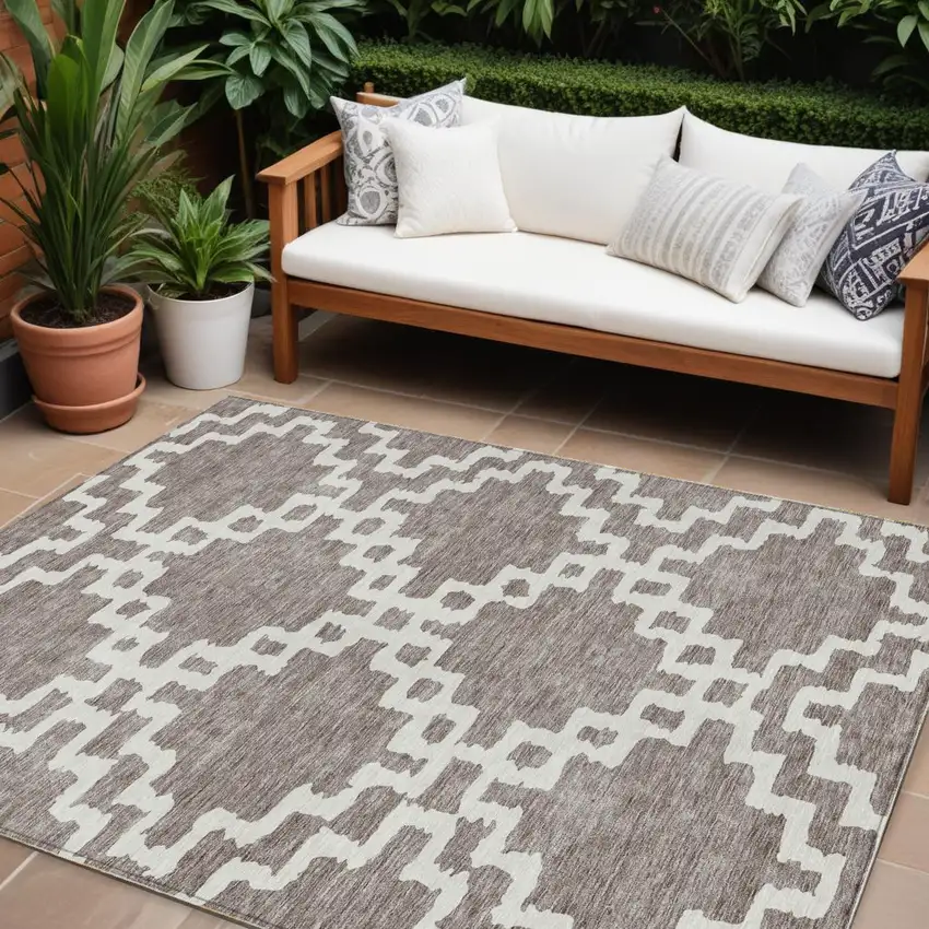 Taupe And Ivory Geometric Washable Indoor Outdoor Area Rug Photo 1