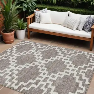Photo of Taupe And Ivory Geometric Washable Indoor Outdoor Area Rug