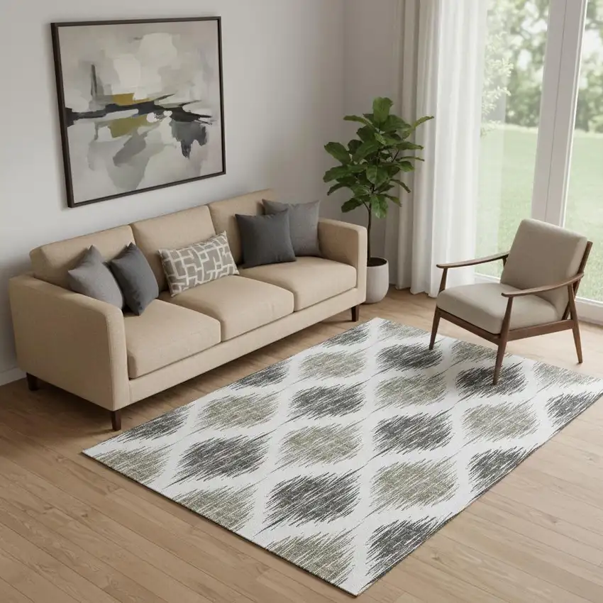 Taupe And Ivory Ikat Washable Area Rug With UV Protection Photo 1